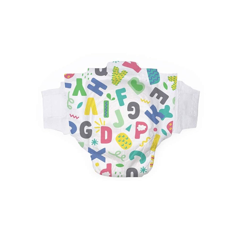 Colorful alphabet-patterned baby diaper.
