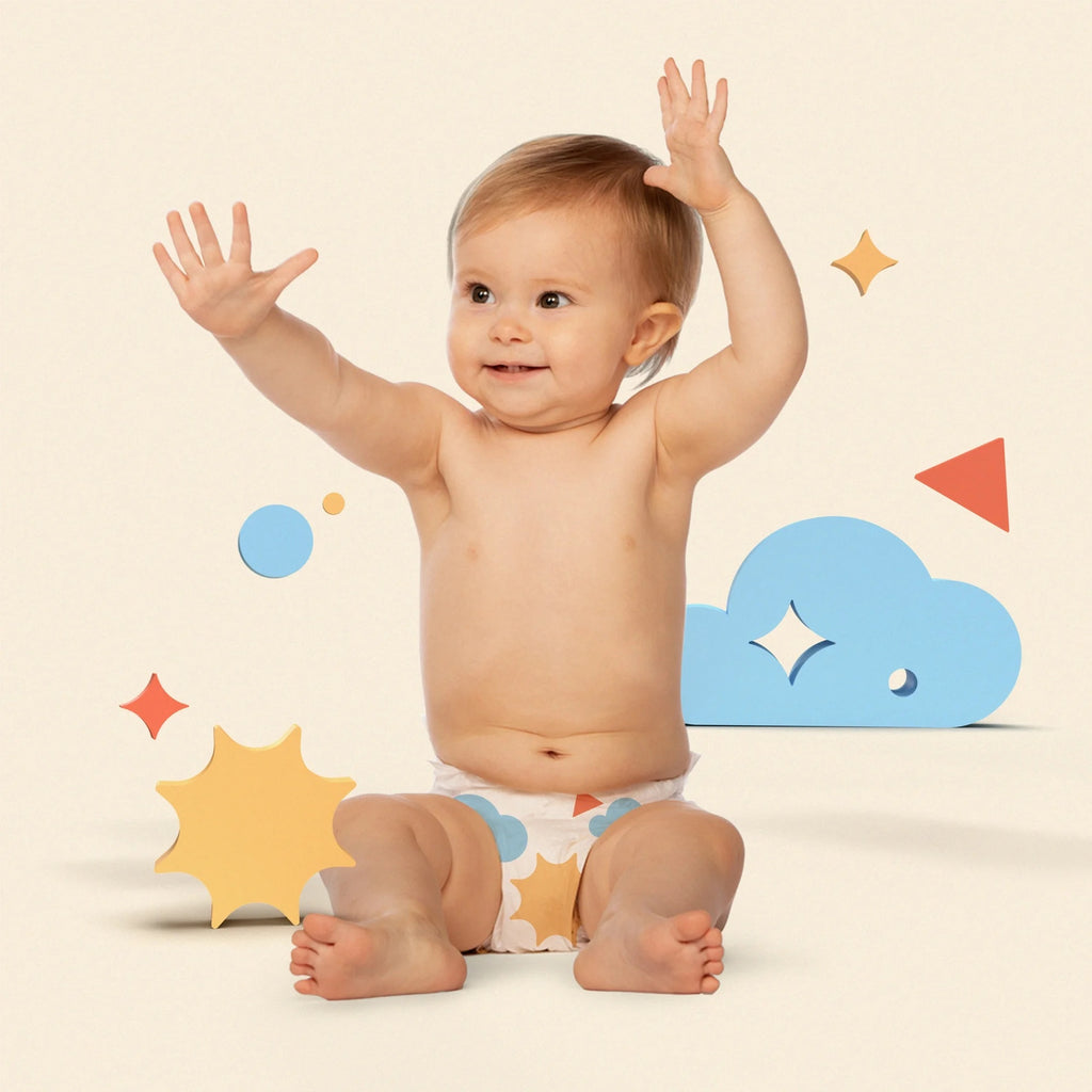 Smiling baby sitting with geometric shapes.