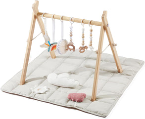 Wooden Play Gym with 9 Sensory Toys, Foldable Baby Play GymFrame Activity Center