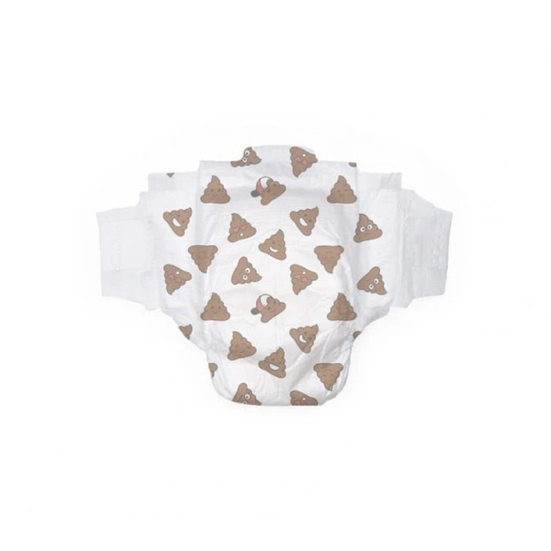 Diaper with cartoon poop emoji pattern.