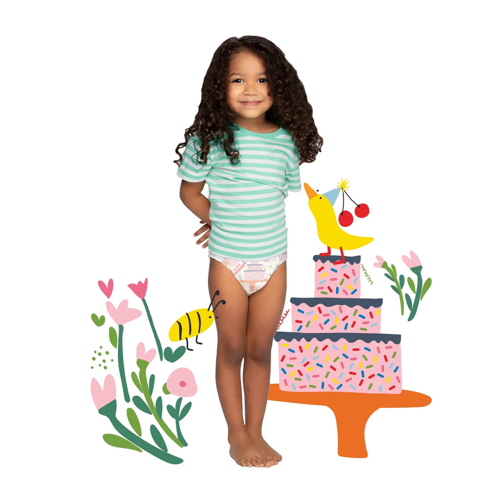 Child with cake and floral illustrations.