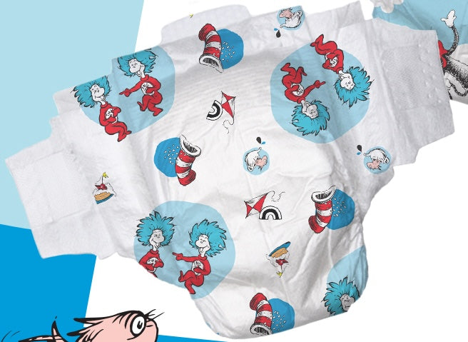 Colorful diaper with cartoon character illustrations.