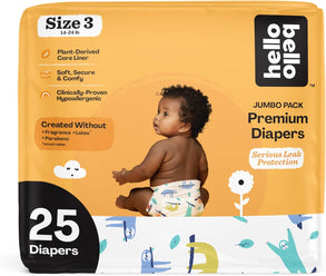 Baby diapers packaging with various features highlighted.