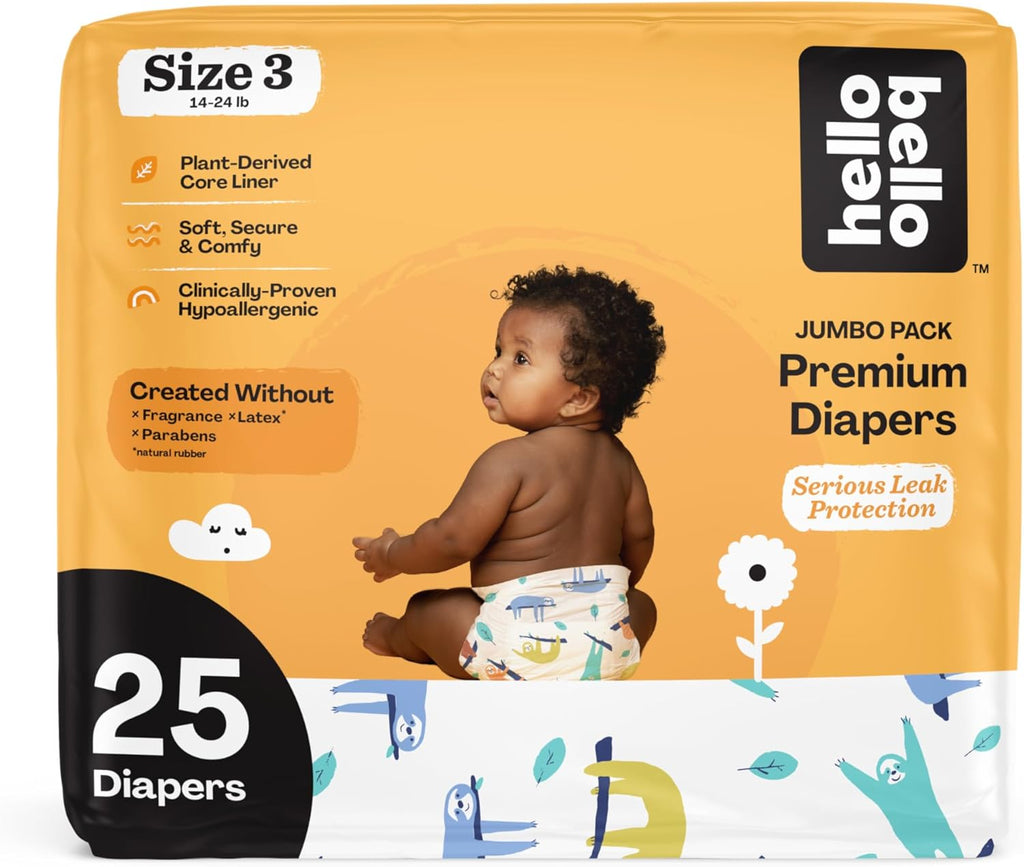 Baby diapers packaging with various features highlighted.
