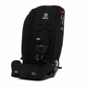 A black car seat with orange accents on it.