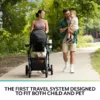 A man and woman walking down the street with their baby in a stroller.