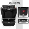 A car seat is shown with the measurements of each side.