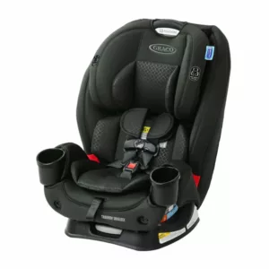 A black car seat with two cups on the side.