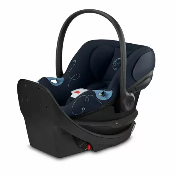 A baby seat with the handle extended.