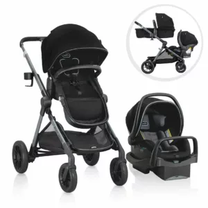 A stroller and car seat set up to be used.