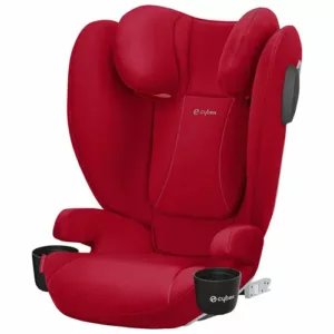 A red car seat with the cup holder in front of it.