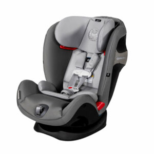 A gray car seat with the front facing child.