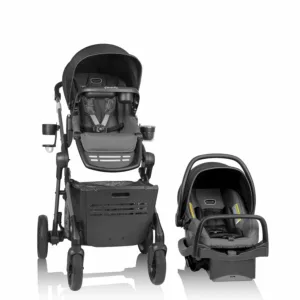 A baby stroller and car seat are shown.