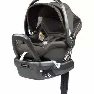 A baby seat with the back up and the front facing