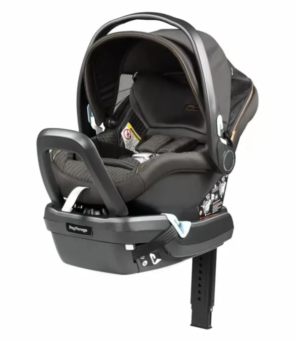 A baby seat with the back up and the front facing