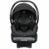 A black baby car seat with the hood up.