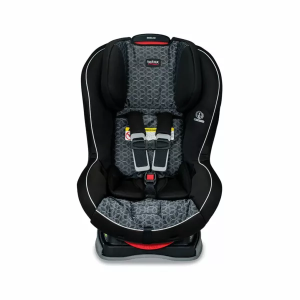 A black and gray car seat with the front facing child.