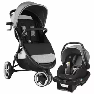 A stroller and car seat are shown.