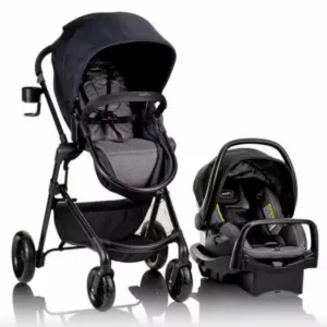 A stroller and car seat are shown.