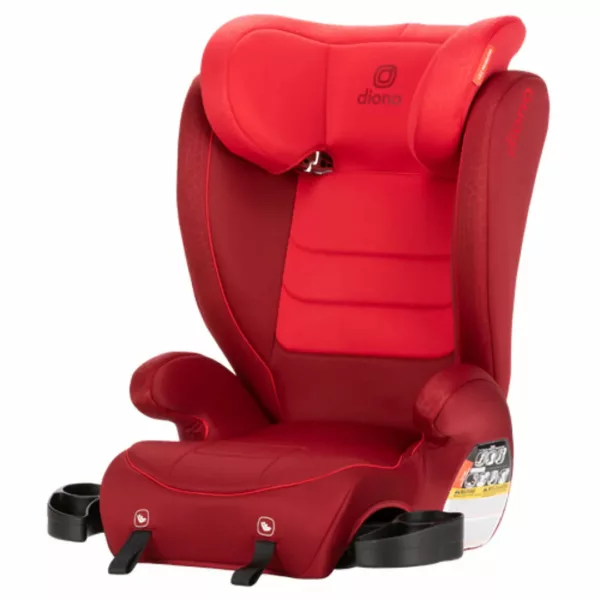 A red car seat with the front side facing up.