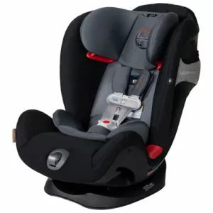 A black and gray car seat with the seat belt on.