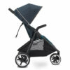 A stroller with the canopy up and wheels down.