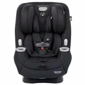 A black car seat with two cups on the side.