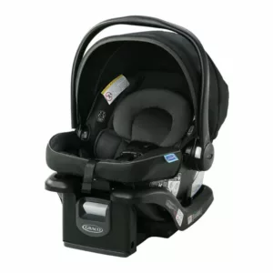 A black infant car seat with the base removed.