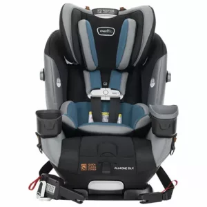 A car seat that is black and blue