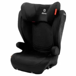 A black car seat with the front side facing forward.