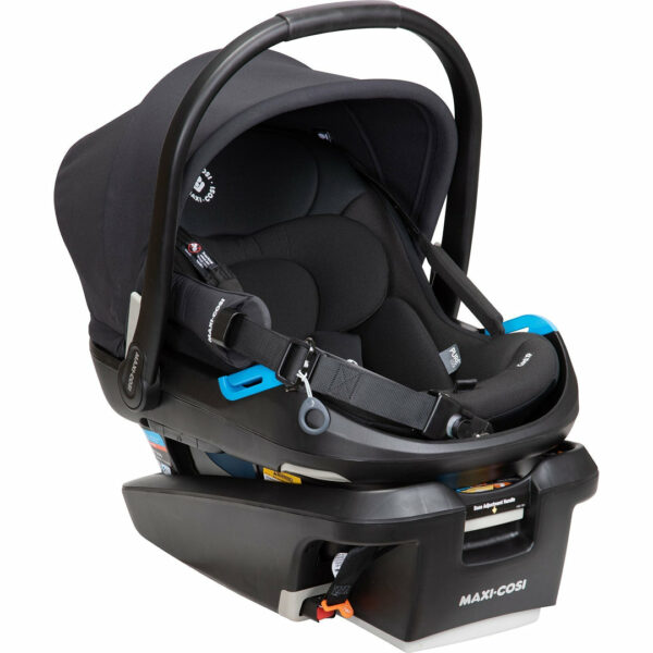 A black baby seat with blue accents and a base.