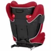 A red and black car seat with the back up