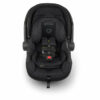 A black car seat with the front facing infant in it.