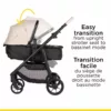 A stroller with the text " easy transition from upright stroller seat to bassinet mode ".