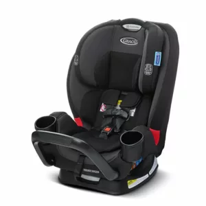 A black car seat with cup holders on the side.