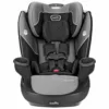 A black and gray car seat with the front facing infant.