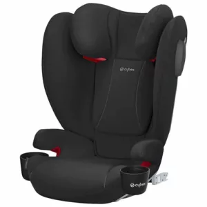 A black car seat with red accents on it.