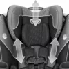 A car seat with the back up and front facing.