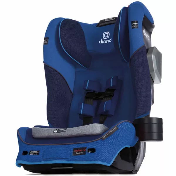 A blue car seat with the back up