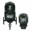 A baby stroller and infant car seat.