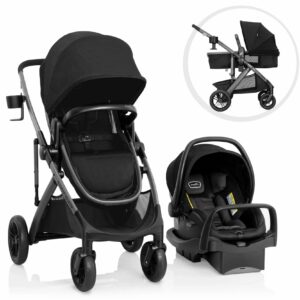 A black stroller and car seat with the seat reclined.