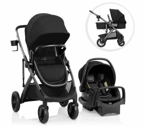 A black stroller and car seat with the seat reclined.