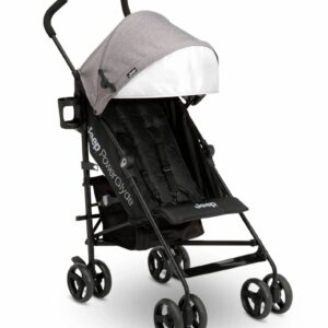 A stroller with wheels and an umbrella canopy.