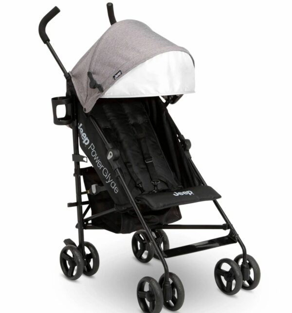 A stroller with wheels and an umbrella canopy.