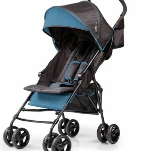 A stroller with wheels and an umbrella canopy.