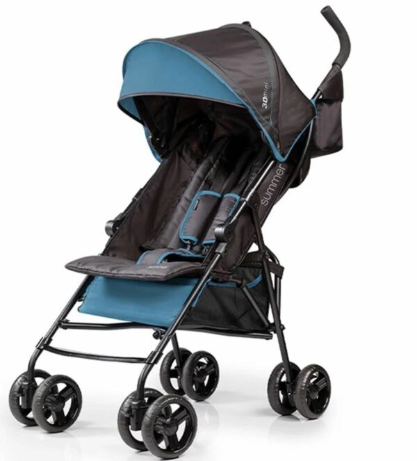 A stroller with wheels and an umbrella canopy.