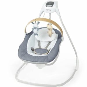 A baby swing with a wooden handle and a grey seat.