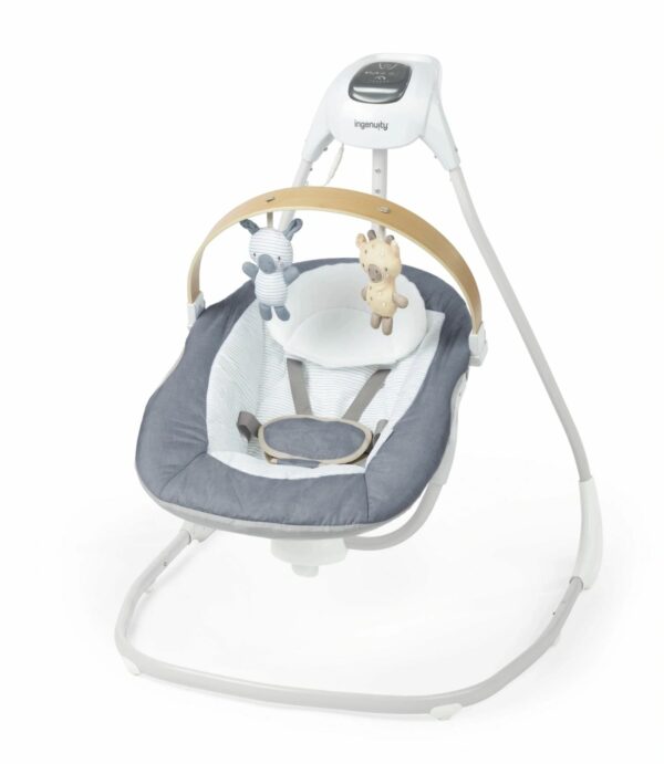 A baby swing with a wooden handle and a grey seat.