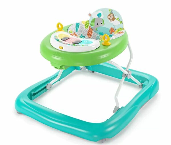 A baby walker with a seat and wheels.