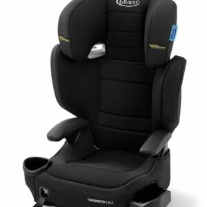 A black car seat with the cup holder in front of it.